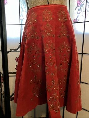 Red Embroidered A-Line Skirt